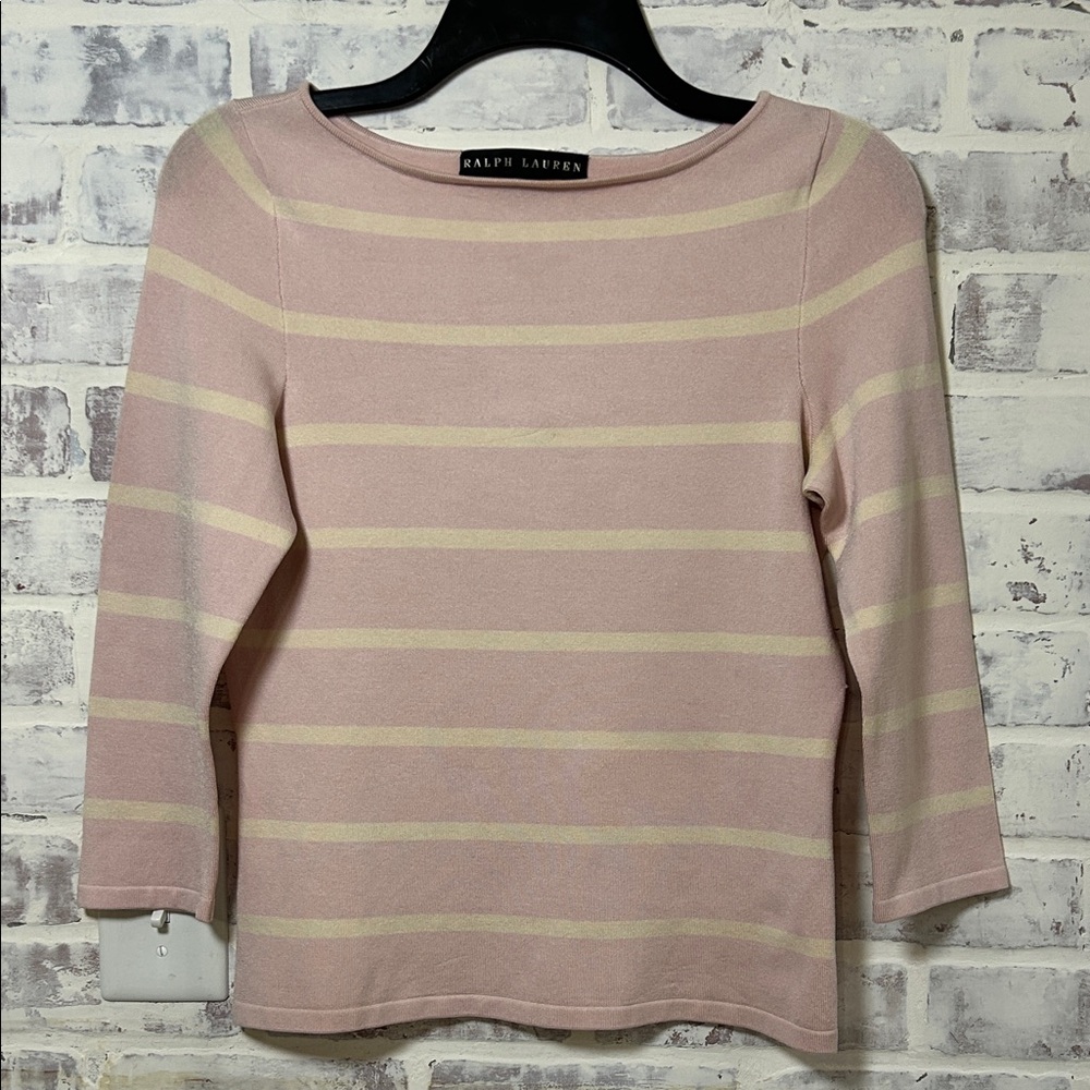 Ralph Lauren Women’s S Striped Boatneck Top Black Label Pink and Cream Stretch